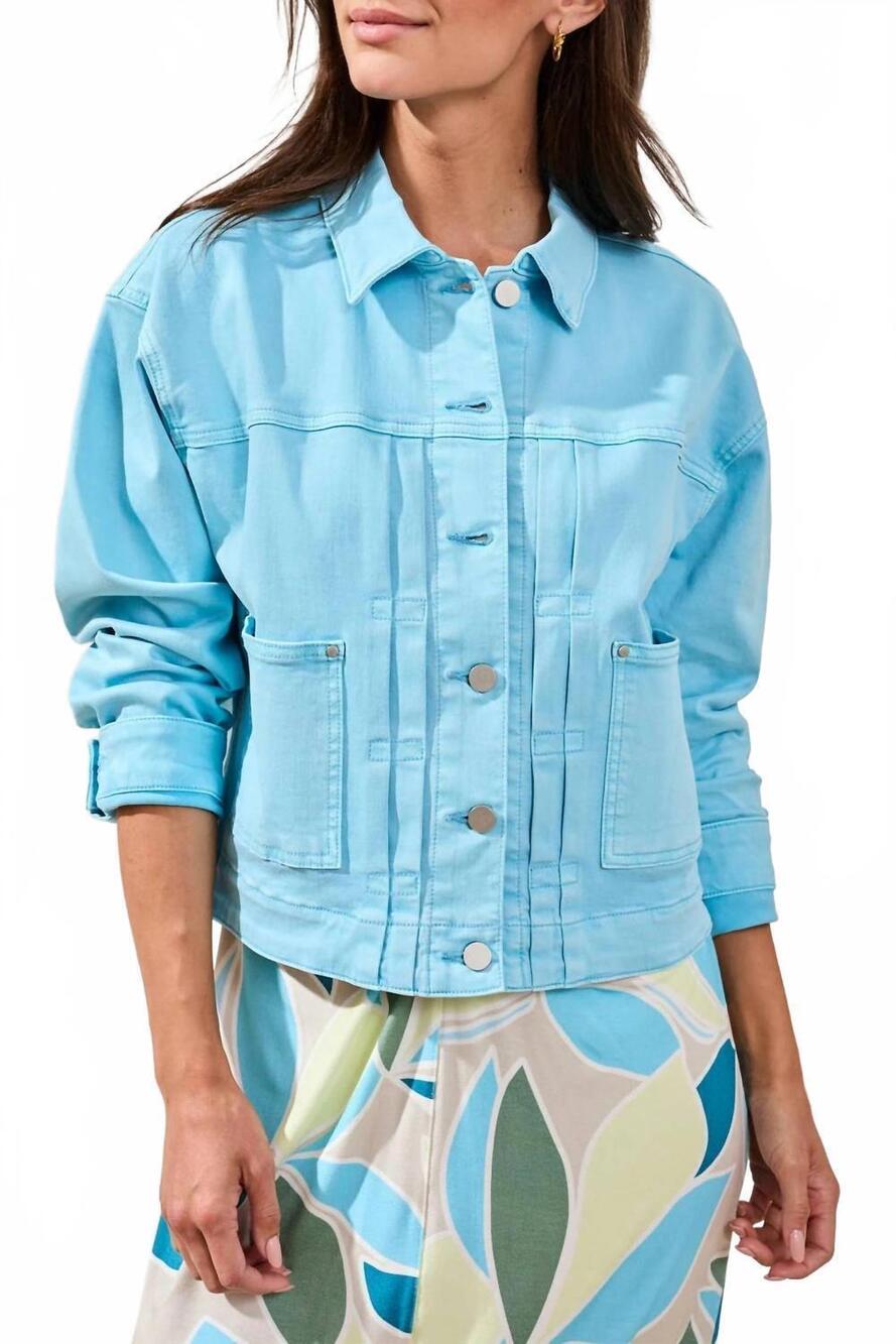NEW TRIBAL button front jacket with back pleat in aqua sky